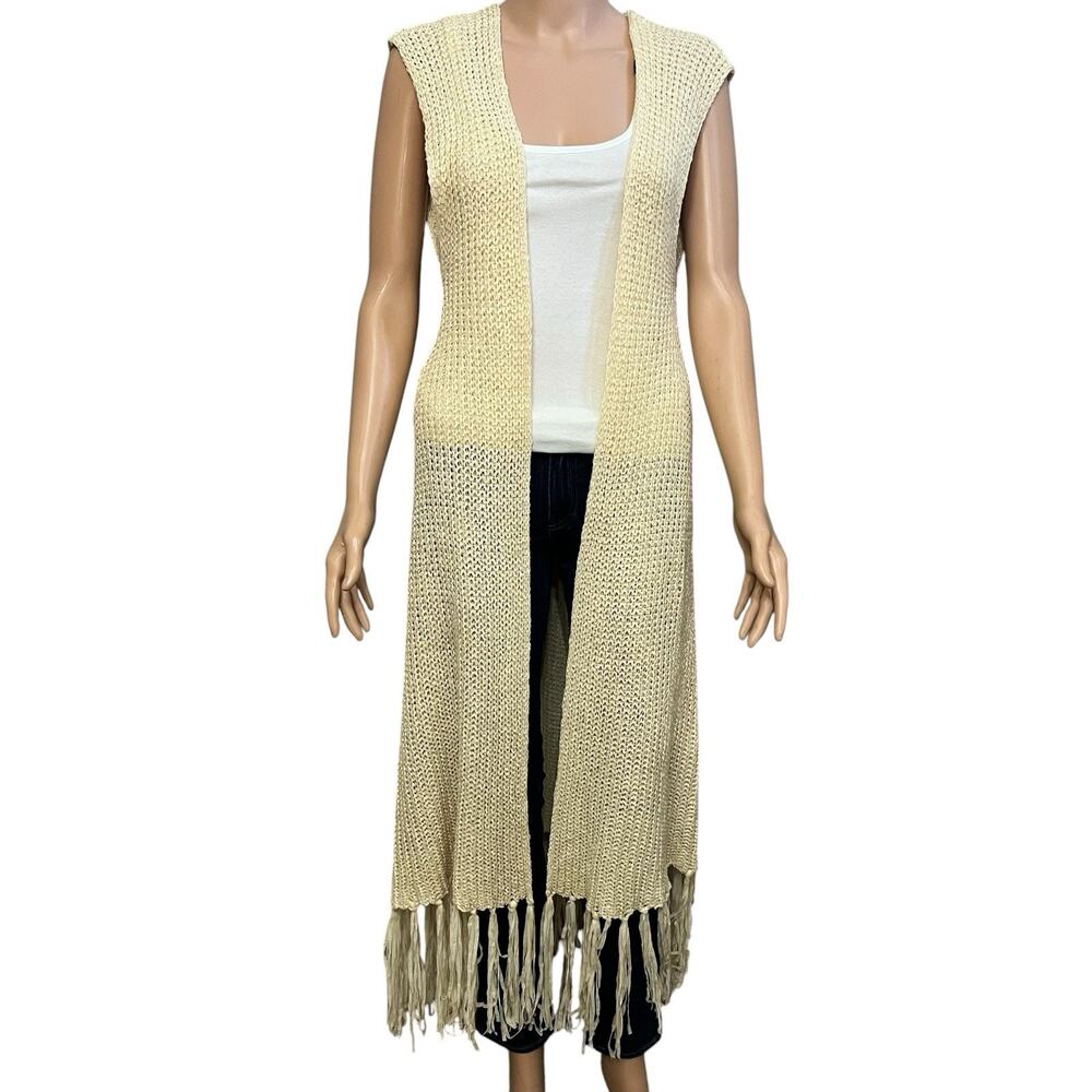 Voice Of California Duster Knit Vest L/XL Fringe Hem Open Front Festival Boho